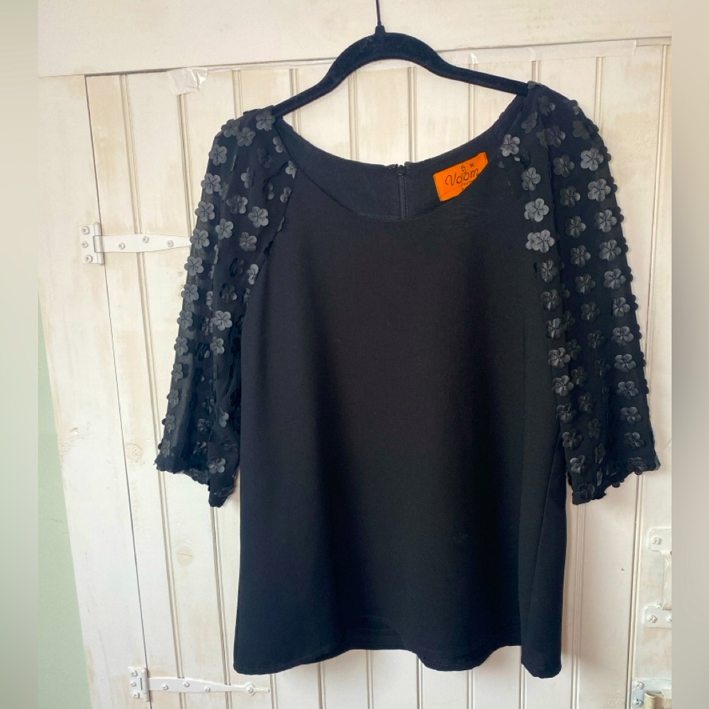 Voom by Joy Han Vintage Black Top With Floral Embellishments Made in USA Size M